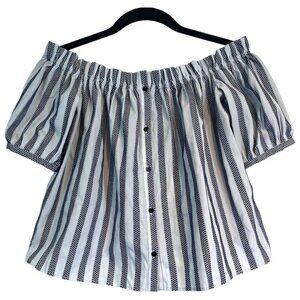 Zara Trafaluc Collection Off Shoulder Blouse Top XS NWT Navy Stripe Textured